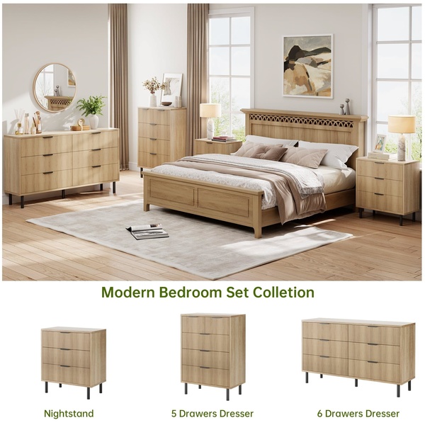 bedroom furniture set, bedroom set collection, bed frame and dresser set, nightstand and dresser, bedroom storage furniture, wood bedroom set, product launch, bundle offer, lifestyle, calm, warm, neutral, brown